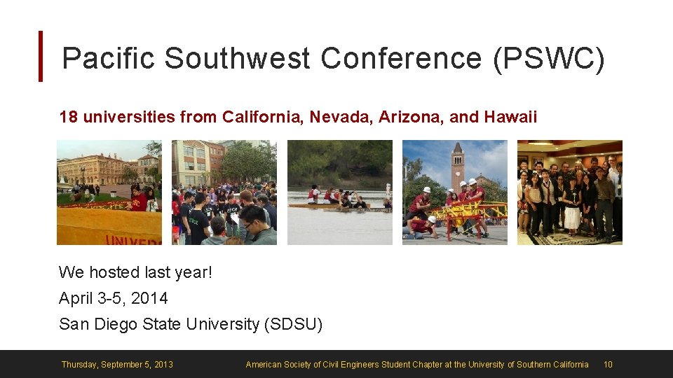 Pacific Southwest Conference (PSWC) 18 universities from California, Nevada, Arizona, and Hawaii We hosted