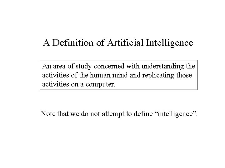 A Definition of Artificial Intelligence An area of study concerned with understanding the activities