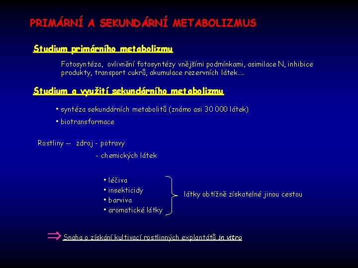 PRIMÁRNÍ A SEKUNDÁRNÍ METABOLIZMUS Studium primárního metabolizmu Fotosyntéza, ovlivnění fotosyntézy vnějšími podmínkami, asimilace N,