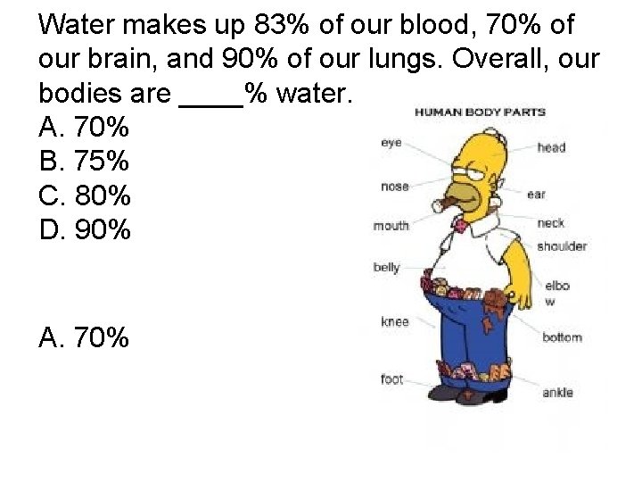 Water makes up 83% of our blood, 70% of our brain, and 90% of