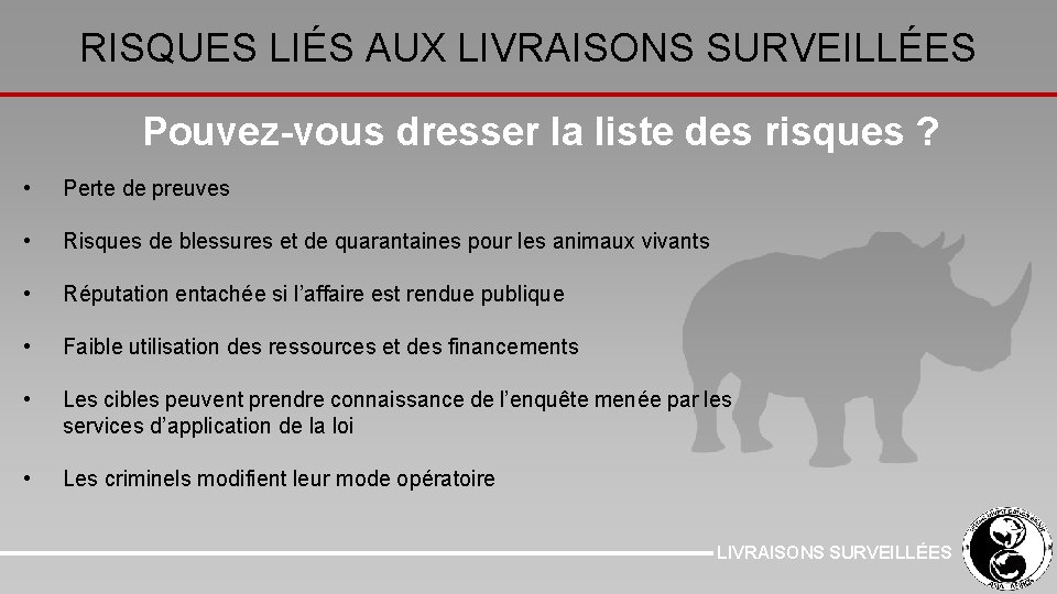 RISQUES LIÉS AUX LIVRAISONS SURVEILLÉES Pouvez-vous dresser la liste des risques ? • Perte