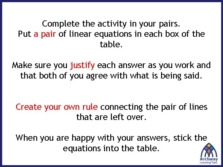 Complete the activity in your pairs. Put a pair of linear equations in each