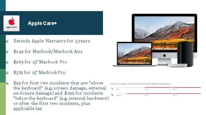 Apple Care+ ❏ Extends Apple Warranty for 3 years ❏ $249 for Macbook/Macbook Airs