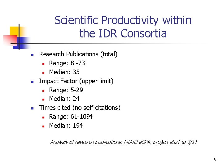 Scientific Productivity within the IDR Consortia n n n Research Publications (total) n Range: