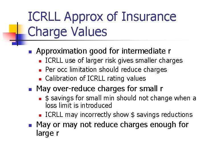 ICRLL Approx of Insurance Charge Values n Approximation good for intermediate r n n