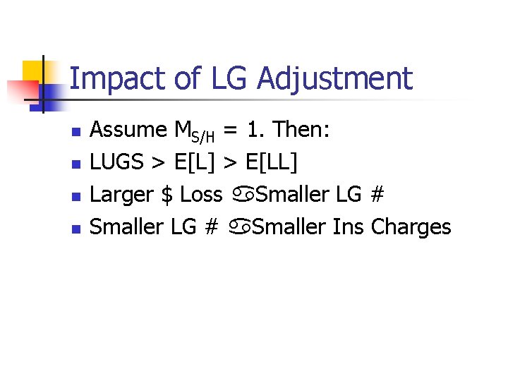 Impact of LG Adjustment n n Assume MS/H = 1. Then: LUGS > E[L]