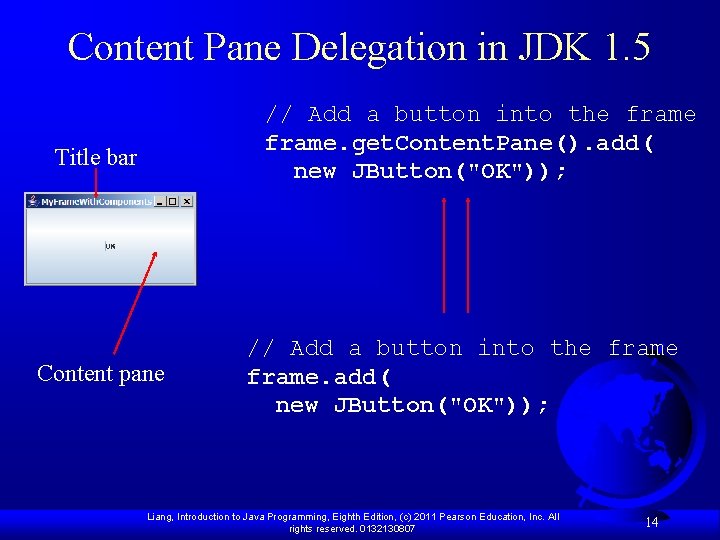 Content Pane Delegation in JDK 1. 5 // Add a button into the frame.