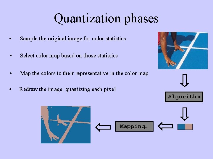 Quantization phases • Sample the original image for color statistics • Select color map