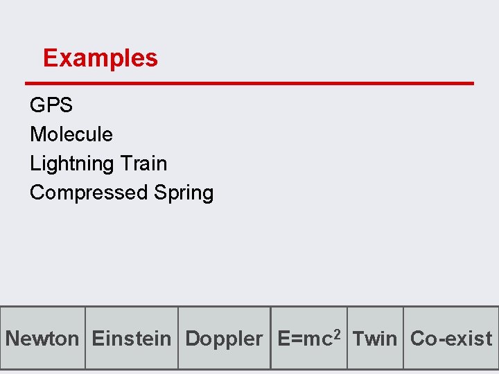 Examples GPS Molecule Lightning Train Compressed Spring Newton Einstein Doppler E=mc 2 Twin Co-exist