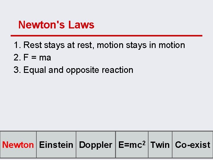 Newton's Laws 1. Rest stays at rest, motion stays in motion 2. F =