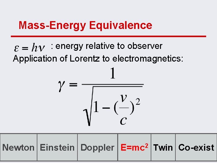 Mass-Energy Equivalence : energy relative to observer Application of Lorentz to electromagnetics: Newton Einstein