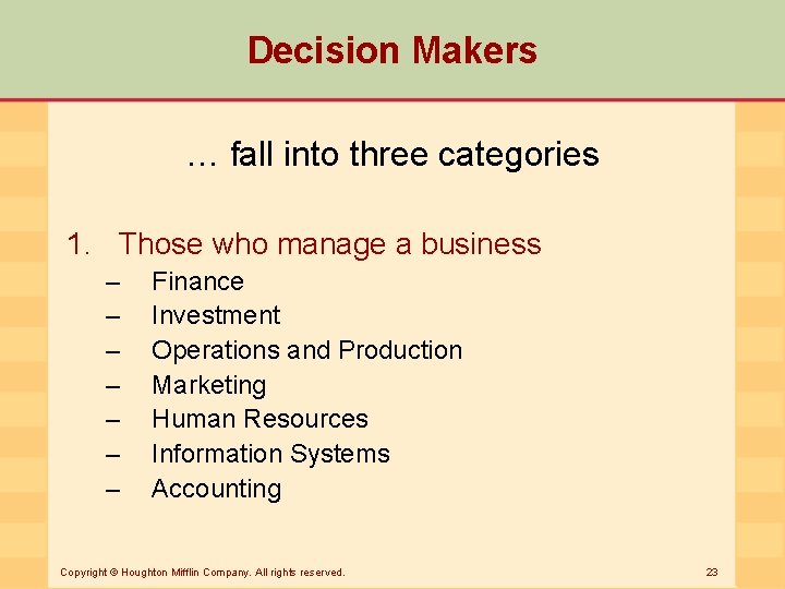 Decision Makers … fall into three categories 1. Those who manage a business –