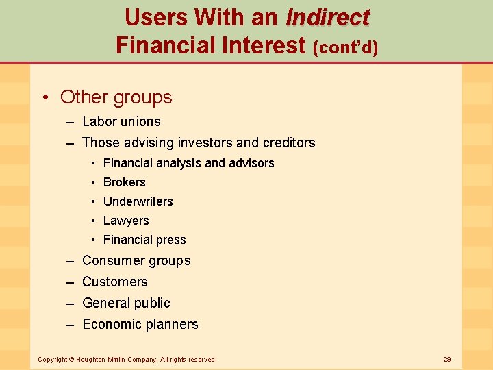 Users With an Indirect Financial Interest (cont’d) • Other groups – Labor unions –