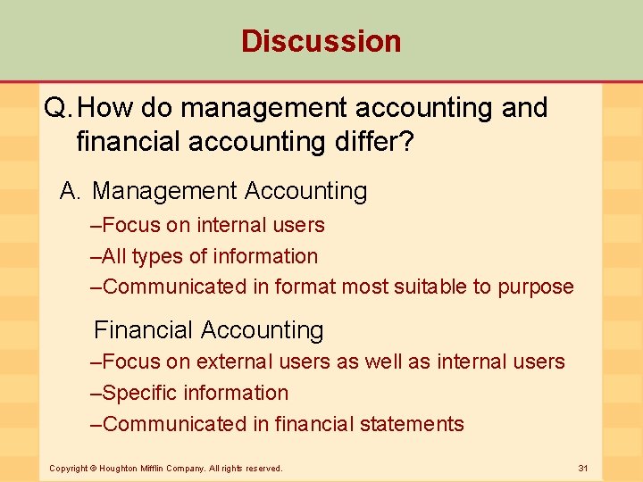 Discussion Q. How do management accounting and financial accounting differ? A. Management Accounting –Focus
