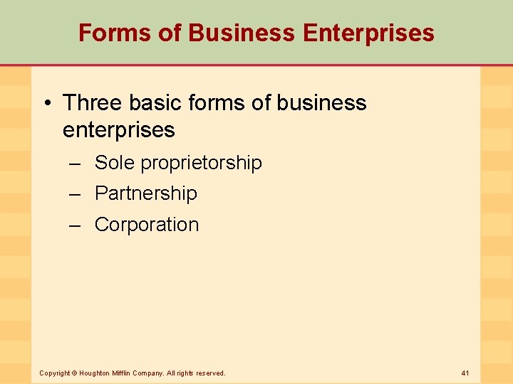 Forms of Business Enterprises • Three basic forms of business enterprises – Sole proprietorship