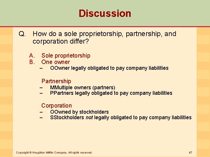 Discussion Q. How do a sole proprietorship, partnership, and corporation differ? A. B. Sole