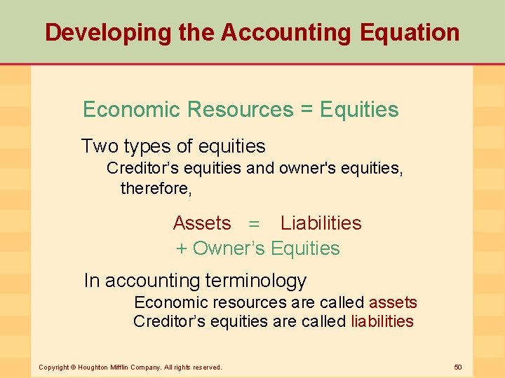 Developing the Accounting Equation Economic Resources = Equities Two types of equities Creditor’s equities
