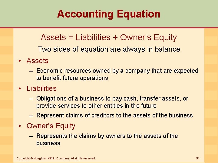 Accounting Equation Assets = Liabilities + Owner’s Equity Two sides of equation are always