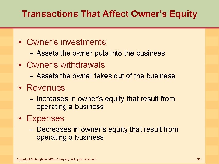 Transactions That Affect Owner’s Equity • Owner’s investments – Assets the owner puts into