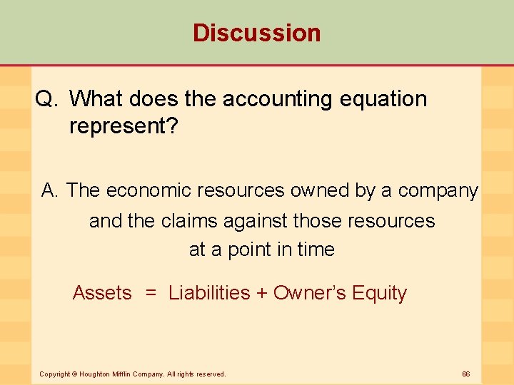 Discussion Q. What does the accounting equation represent? A. The economic resources owned by