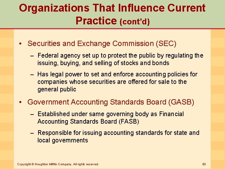 Organizations That Influence Current Practice (cont’d) • Securities and Exchange Commission (SEC) – Federal