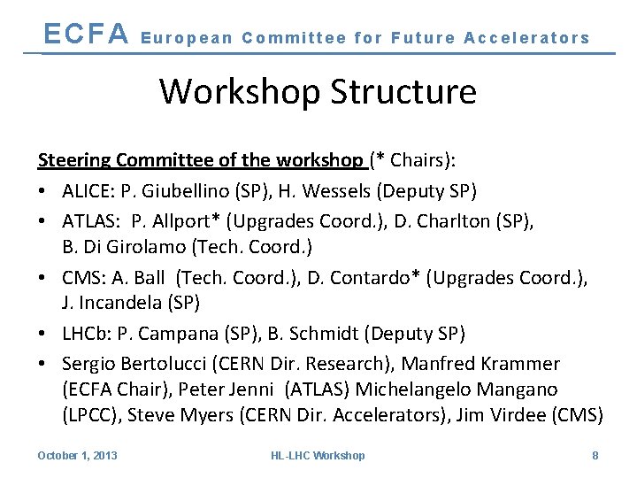 ECFA European Committee for Future Accelerators Workshop Structure Steering Committee of the workshop (*