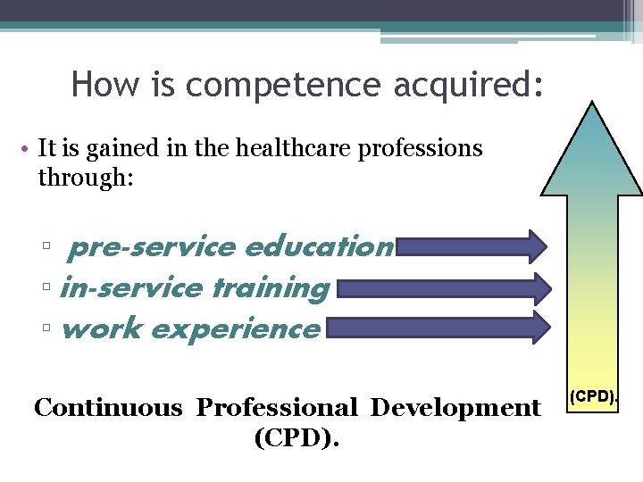 How is competence acquired: • It is gained in the healthcare professions through: ▫