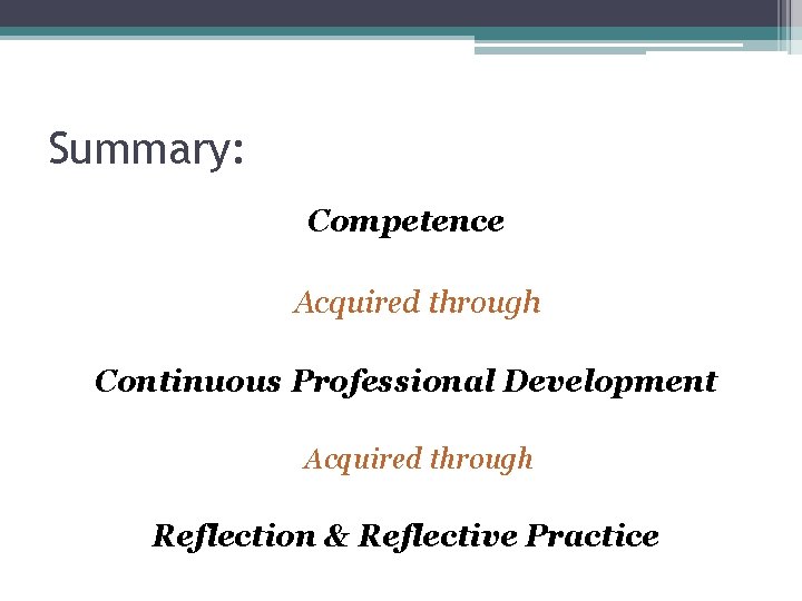 Summary: Competence Acquired through Continuous Professional Development Acquired through Reflection & Reflective Practice 