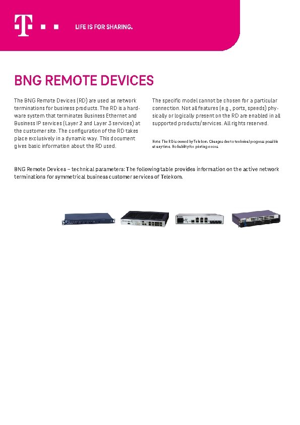 BNG REMOTE DEVICES The BNG Remote Devices (RD) are used as network terminations for