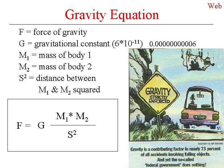 Gravity Equation F = force of gravity G = gravitational constant (6*10 -11) 0.