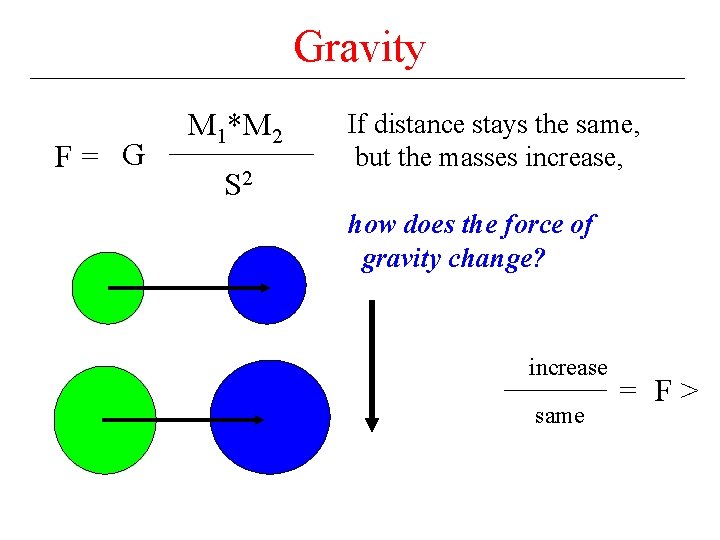 Gravity F= G M 1*M 2 S 2 If distance stays the same, but