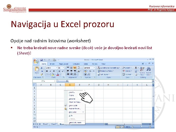 Poslovna informatika Prof. dr Angelina Njeguš Navigacija u Excel prozoru Opcije nad radnim listovima