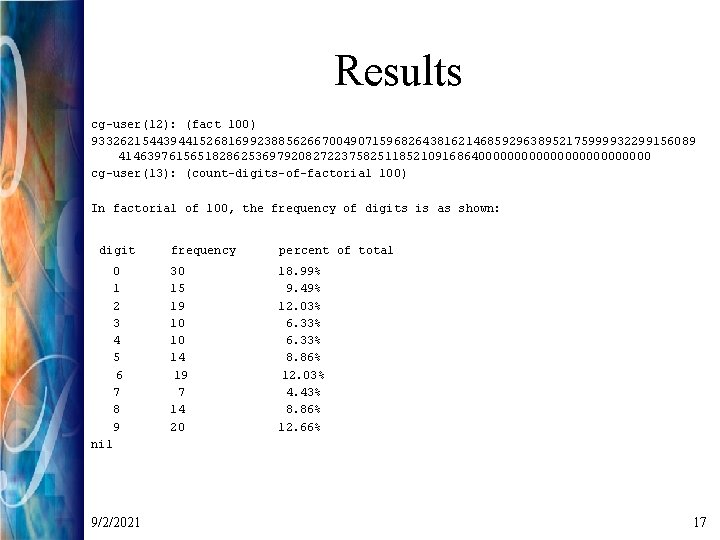 Results cg-user(12): (fact 100) 933262154439441526816992388562667004907159682643816214685929638952175999932299156089 41463976156518286253697920827223758251185210916864000000000000 cg-user(13): (count-digits-of-factorial 100) In factorial of 100, the