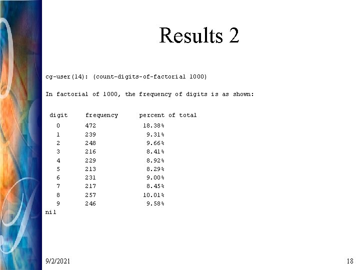 Results 2 cg-user(14): (count-digits-of-factorial 1000) In factorial of 1000, the frequency of digits is