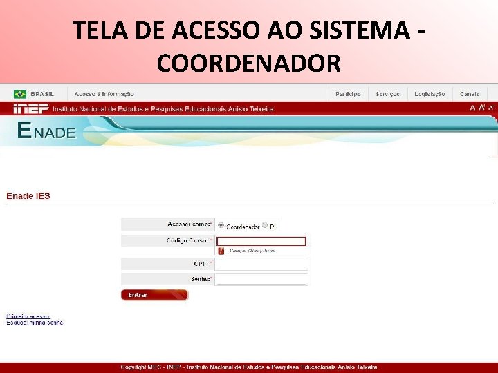 TELA DE ACESSO AO SISTEMA COORDENADOR 