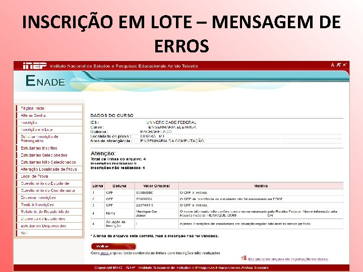 INSCRIÇÃO EM LOTE – MENSAGEM DE ERROS 