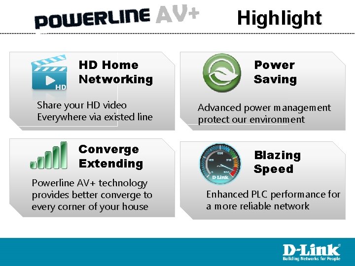 Highlight HD HD Home Networking Share your HD video Everywhere via existed line Converge