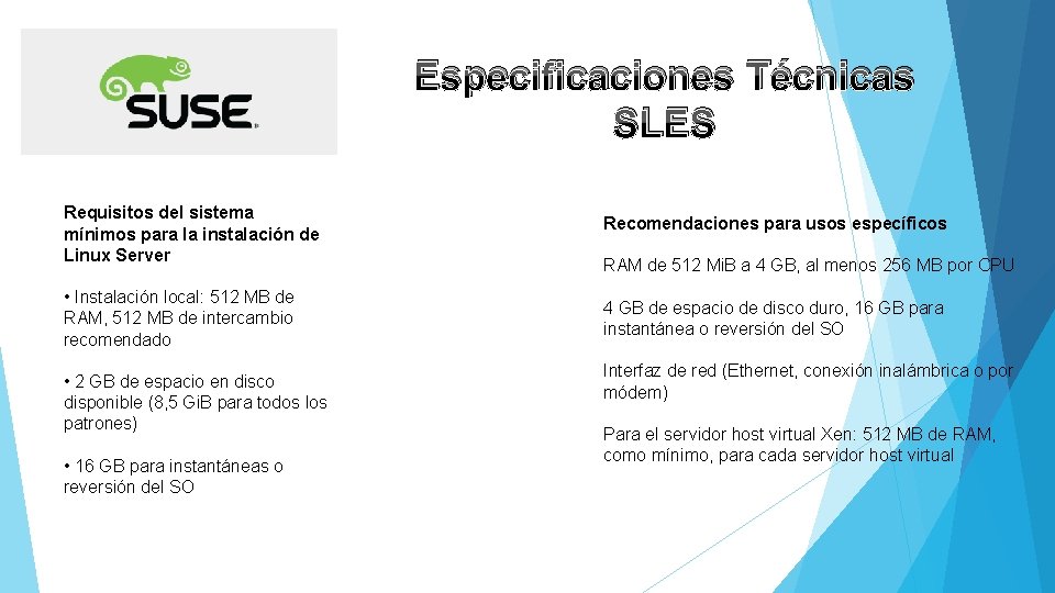 Especificaciones Técnicas SLES Requisitos del sistema mínimos para la instalación de Linux Server • Especificaciones Técnicas SLES Requisitos del sistema mínimos para la instalación de Linux Server •