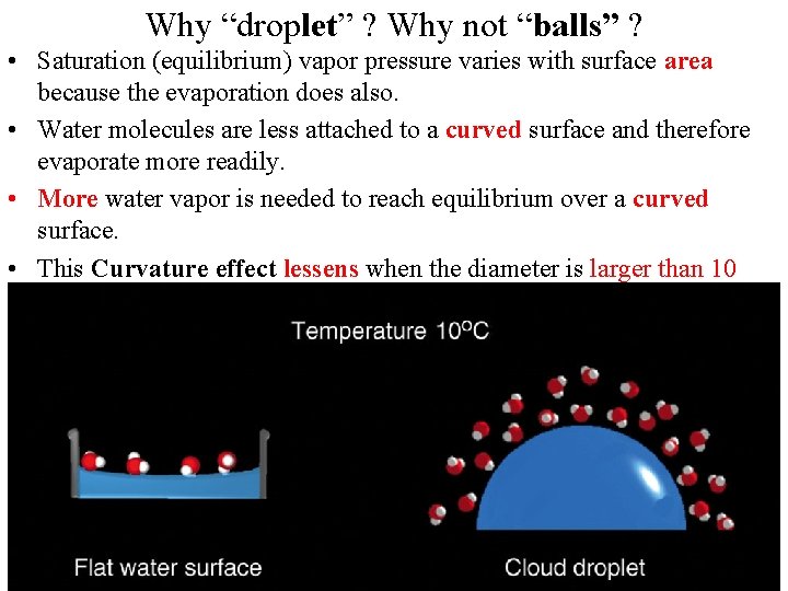 Why “droplet” ? Why not “balls” ? • Saturation (equilibrium) vapor pressure varies with