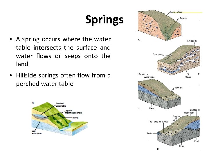 Springs • A spring occurs where the water table intersects the surface and water