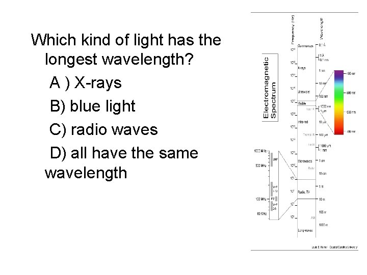 Which kind of light has the longest wavelength? A ) X-rays B) blue light