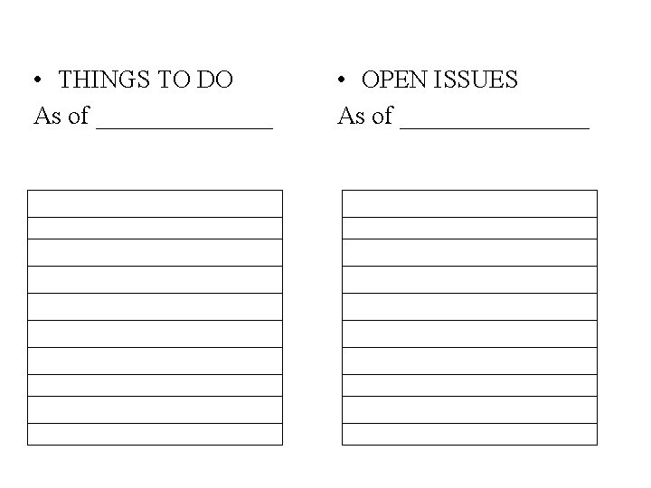  • THINGS TO DO As of _______ • OPEN ISSUES As of ________