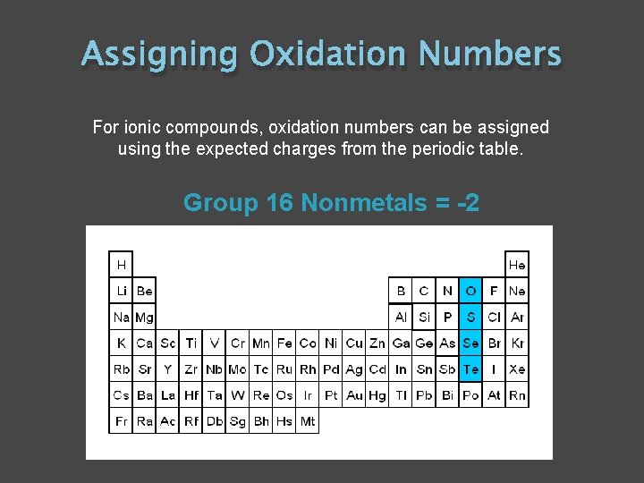 Assigning Oxidation Numbers For ionic compounds, oxidation numbers can be assigned using the expected