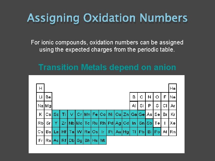 Assigning Oxidation Numbers For ionic compounds, oxidation numbers can be assigned using the expected