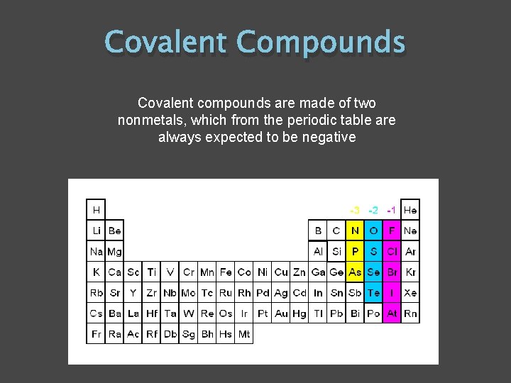 Covalent Compounds Covalent compounds are made of two nonmetals, which from the periodic table