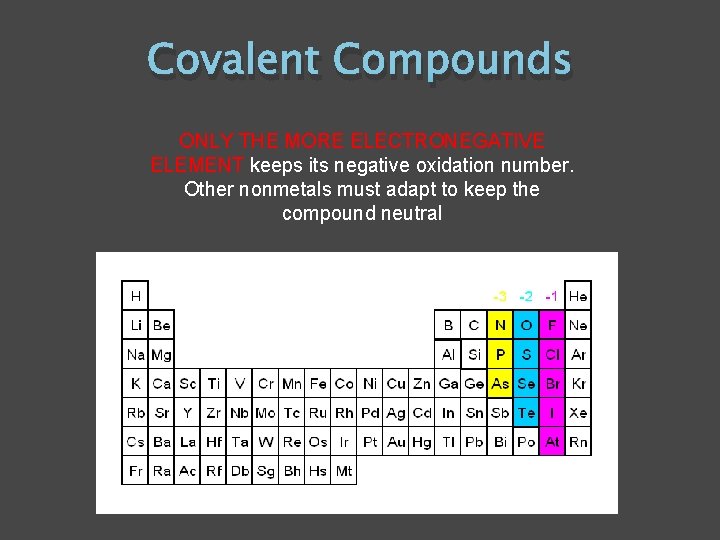 Covalent Compounds ONLY THE MORE ELECTRONEGATIVE ELEMENT keeps its negative oxidation number. Other nonmetals