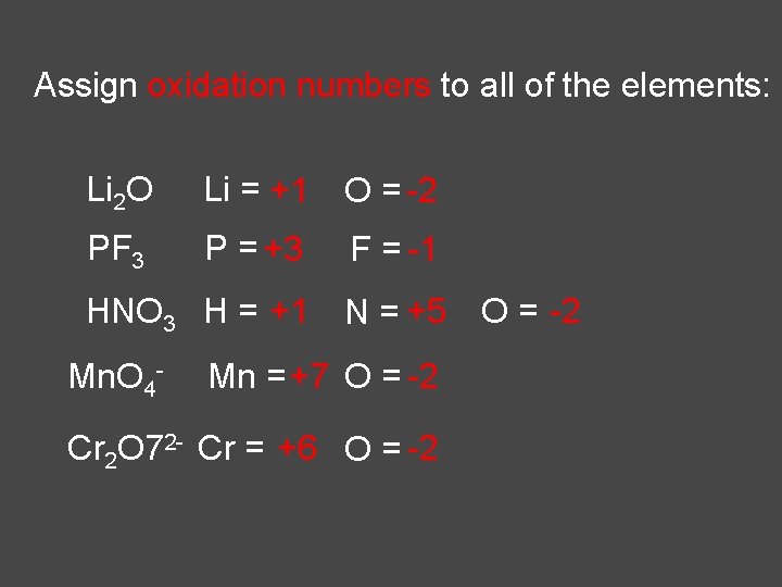 Assign oxidation numbers to all of the elements: Li 2 O Li = +1