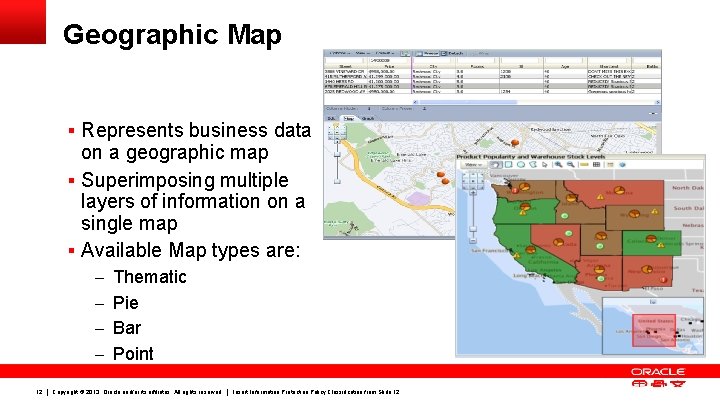 Geographic Map § Represents business data on a geographic map § Superimposing multiple layers