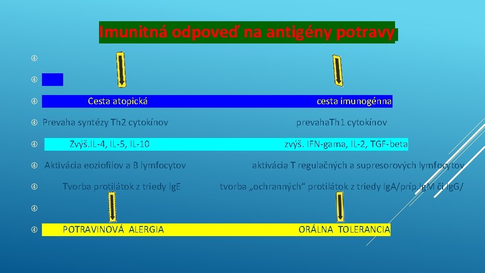 Imunitná odpoveď na antigény potravy: Cesta atopická Prevaha syntézy Th 2 cytokínov Zvýš. IL-4,