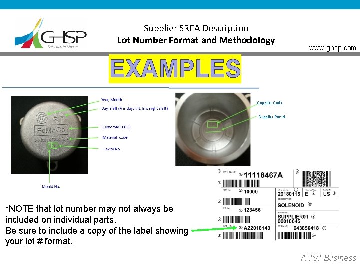 Supplier SREA Description Lot Number Format and Methodology www. ghsp. com EXAMPLES Supplier Code